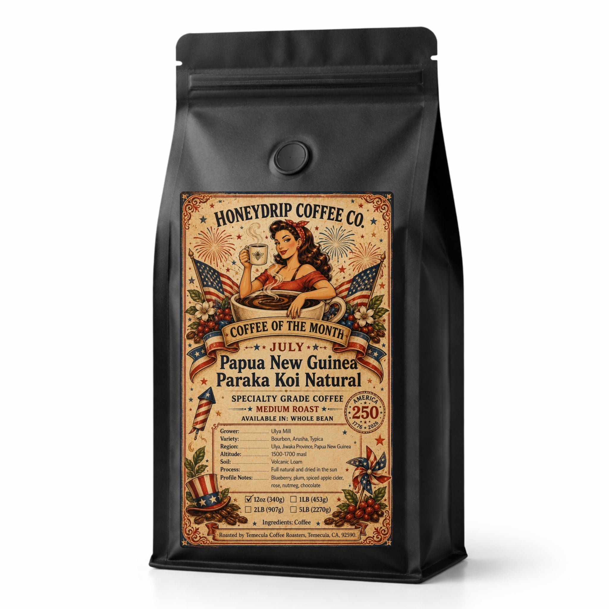 Papua New Guinea Paraka Koi natural-process medium roast coffee bag by Honeydrip Coffee Co.