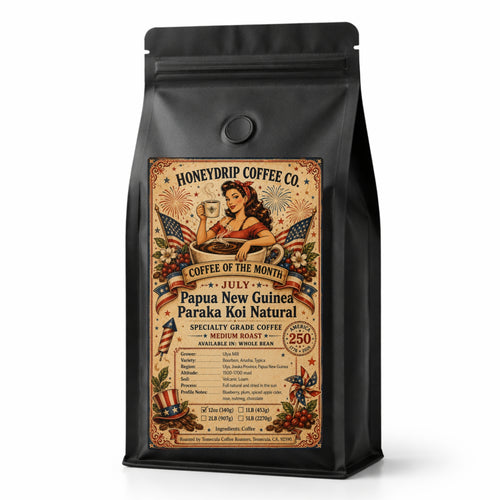 Papua New Guinea Paraka Koi natural-process medium roast coffee bag by Honeydrip Coffee Co.