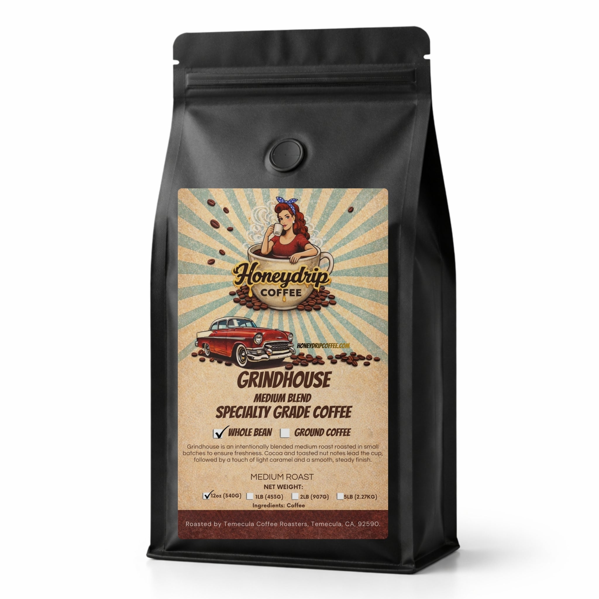 Grindhouse medium roast coffee blend bag by Honeydrip Coffee Co.