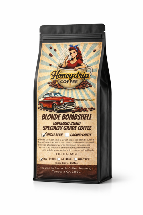 Coffee bag with 'Honeydrip' branding featuring a vintage car and woman design on a white background.