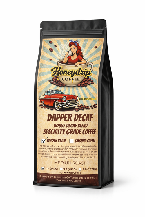 Honeydrip Coffee Dapper Decaf coffee bag with vintage design on a white background