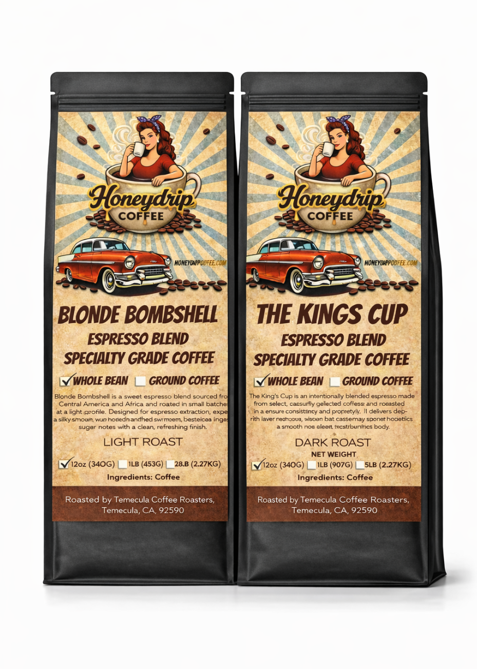 Two Honeydrip Coffee packages on a white background