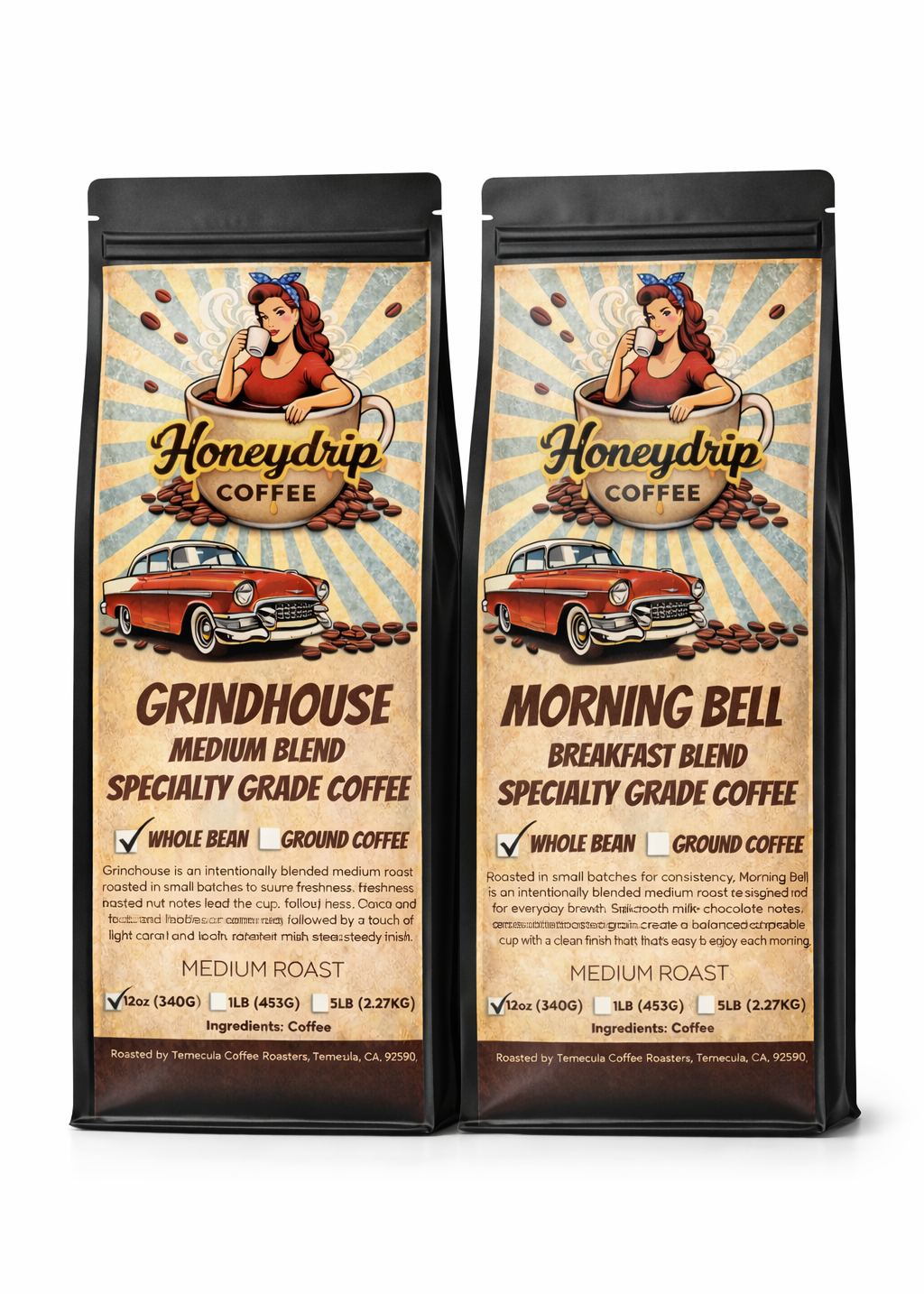 Two packages of Honeydrip Coffee on a white background