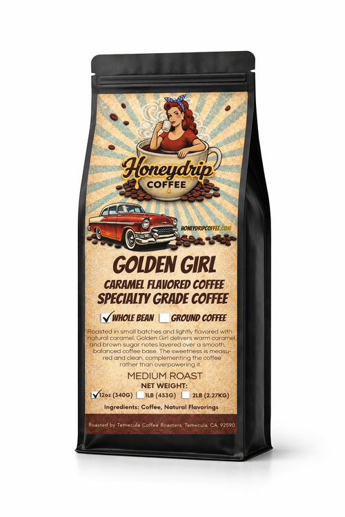 Honeydrip Coffee Golden Girl coffee bag on a white background