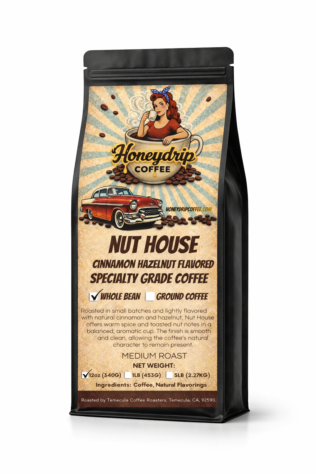 Honeydrip Coffee Nut House Cinnamon Hazelnut flavored coffee package on a white background