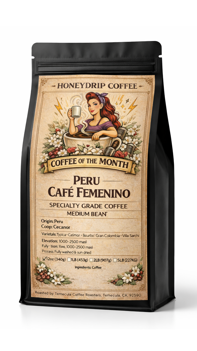 Coffee bag with a label on a white background with our strong women-inspired coffee of the month for womans history month.